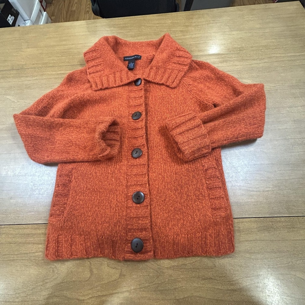 Mandarin Blue Cardigan Sweater Womens Large Orange Wool Angora Collared Pockets